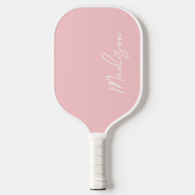 Preppy Blush Pink Handgeschriebenes Skript Mit Mon Pickleball Schläger (Vorderseite)