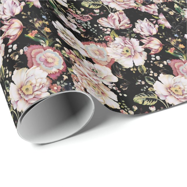 Preppy bohemian Country chic schwarz floral Geschenkpapier (Rolleneckpunkt)