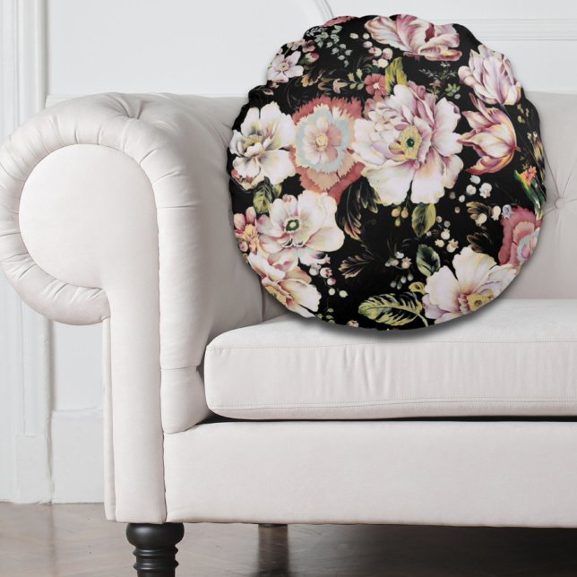 Preppy bohemian Country chic schwarz floral Rundes Kissen (Preppy bohemian country girly chic black floral round pillow)
