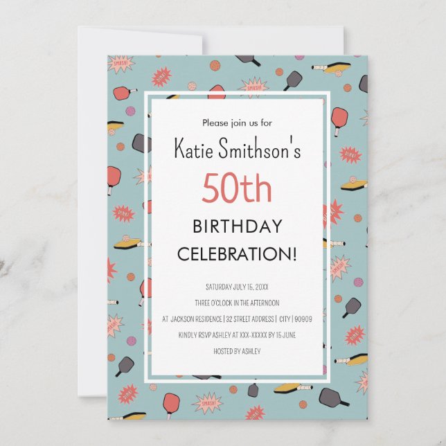 Preppy Bold Blue Pickleball Party 50. Geburtstag Einladung (Vorderseite)