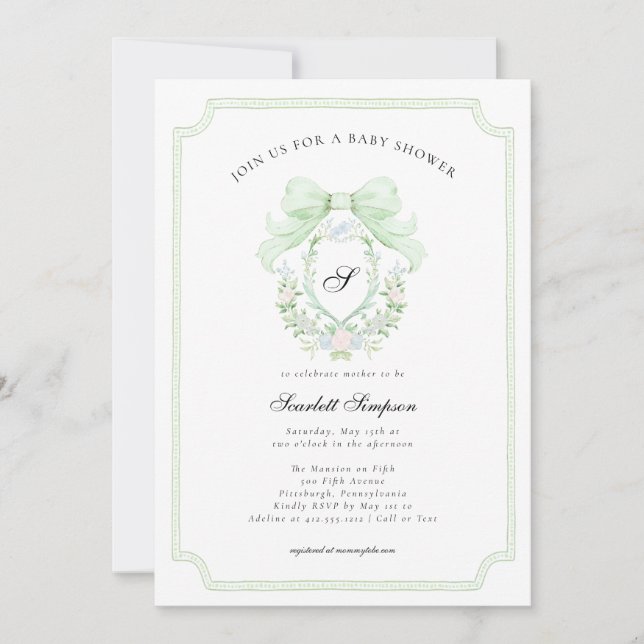 Preppy Botanical Green Bow Monogram Baby Shower   Einladung (Vorderseite)