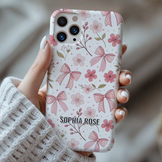 Preppy Bow Muster Personalisiert Name iPhone Case (Preppy bows pattern iphone case with personalized name, coquette and feminine aesthetic)