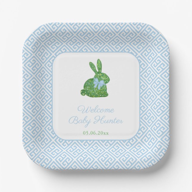 Preppy Boxwood Bunny Baby Boy Dusche Pappteller (Vorderseite)