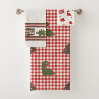 Preppy Boys Dinosaur Gingham -  Brown Green & Red Badhandtuch Set