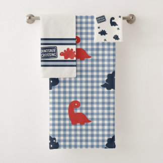 Preppy Boys Dinosaur Gingham - Navy Red & Blue Badhandtuch Set