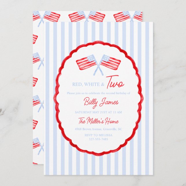 Preppy Boys Red White & Two Patriotic Birthday Einladung (Vorne/Hinten)