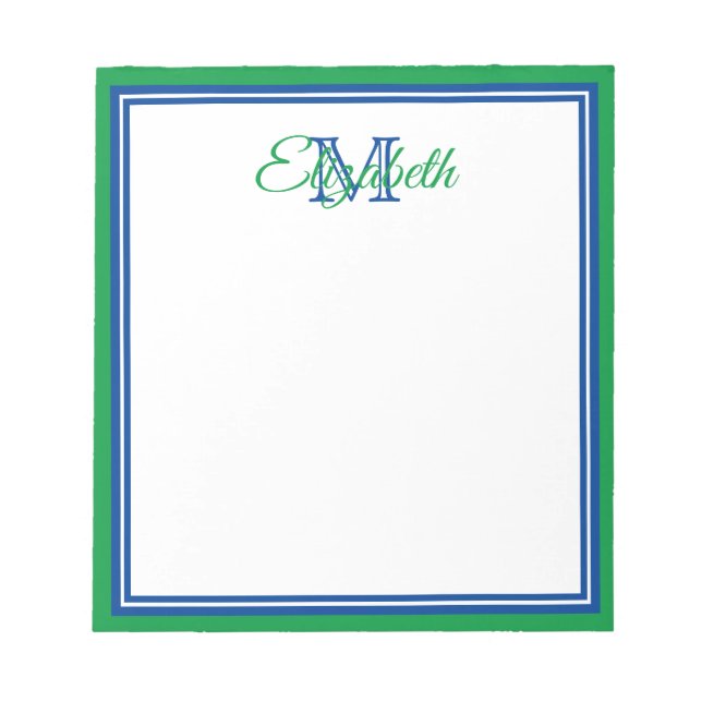 Preppy Bright Kelly Green und Deep Blue Monogram Notizblock (Vorderseite)