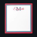 Preppy Bright Red and Marine Blue Monogram Notizblock<br><div class="desc">Personalize this preppy bright red,  marine blue and white monogram notepad with your choice of name and initial.</div>