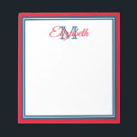 Preppy Bright Red and Marine Blue Monogram Notizblock<br><div class="desc">Personalize this preppy bright red,  marine blue and white monogram notepad with your choice of name and initial.</div>