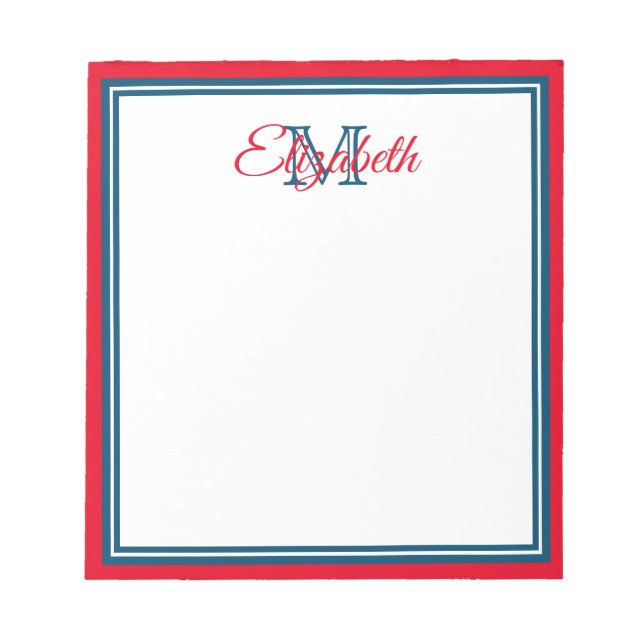 Preppy Bright Red and Marine Blue Monogram Notizblock (Vorderseite)