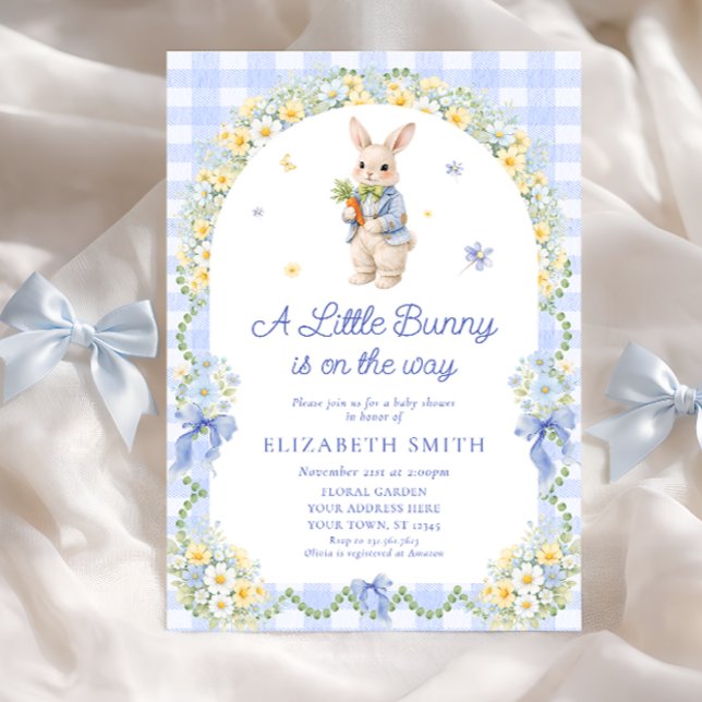 Preppy Bunny Floral Rabbit Gingham Boy Baby Shower Einladung (Von Creator hochgeladen)
