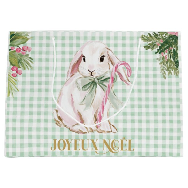 Preppy Bunny & Green Gingham Joyeux Noël Große Geschenktüte (Vorderseite)