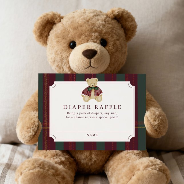 Preppy Burgundy Plaid Teddy Bear Diaper Raffle Begleitkarte (Von Creator hochgeladen)