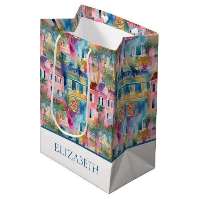 Preppy Charleston Houses Personalisiert Mittlere Geschenktüte (Vorderseite Schrägansicht)