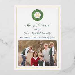 Preppy Chic Boxwood Monogram Wreath Happy Holidays Folien Feiertagskarte