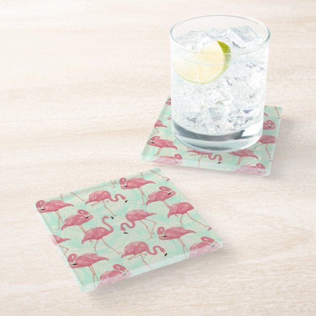 Preppy Chic Elegant rosa Flamingo Muster Glasuntersetzer (Schrägansicht)