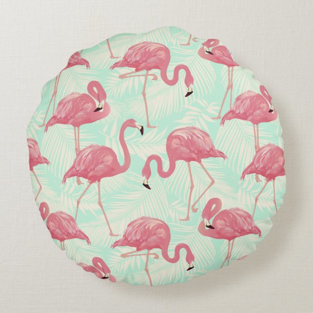 Preppy Chic Elegant rosa Flamingo Muster Rundes Kissen (Rückseite)