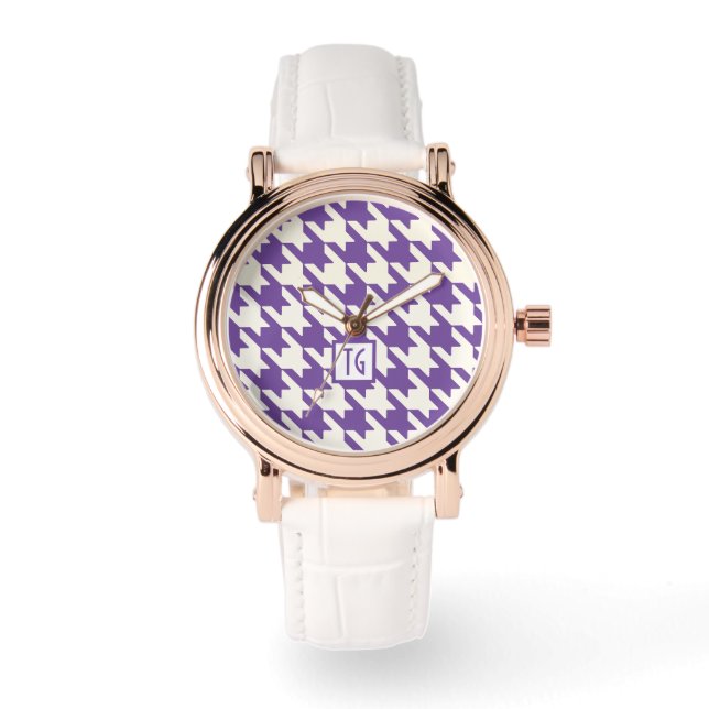 Preppy Chic Hahnentrittmuster Lila Monogram Armbanduhr (Vorderseite)