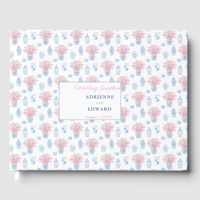 Preppy Chinese Jars Navy Blue and Pink Wedding Gästebuch (Vorderseite)