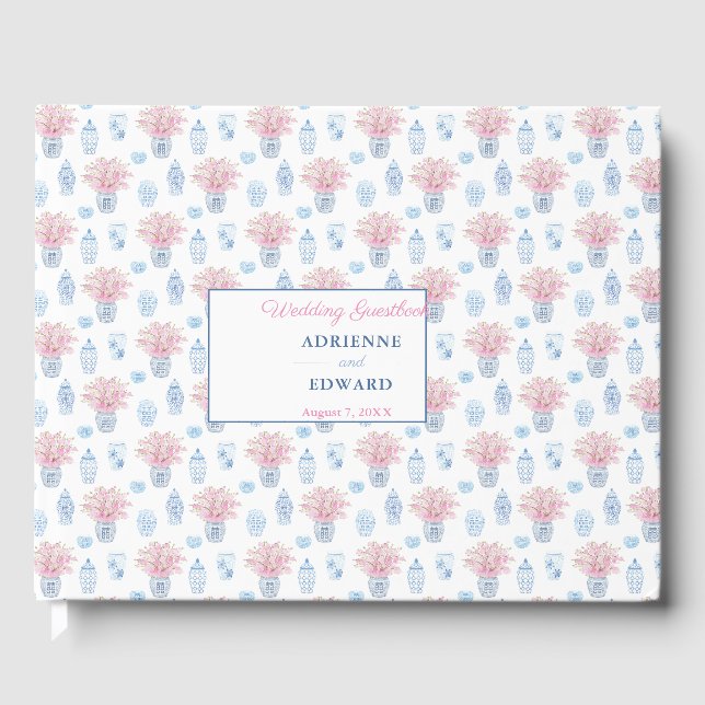 Preppy Chinese Jars Navy Blue and Pink Wedge Gue Gästebuch (Vorderseite)