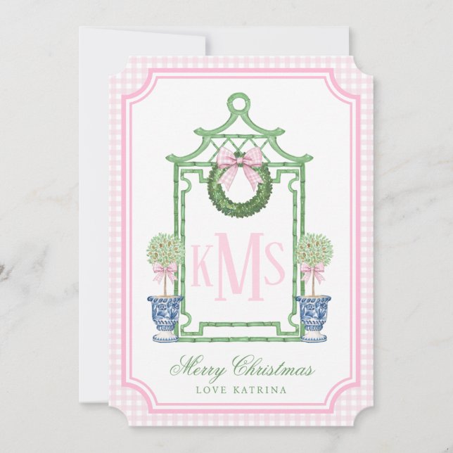 Preppy Chinoiserie Christmas Pagoda Monogram Foto Einladung (Vorderseite)
