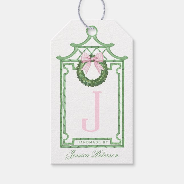 Preppy Chinoiserie Christmas Pagoda Monogram Geschenkanhänger (Vorderseite)