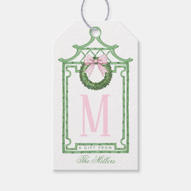 Preppy Chinoiserie Christmas Pagoda Monogram Geschenkanhänger (Vorderseite)