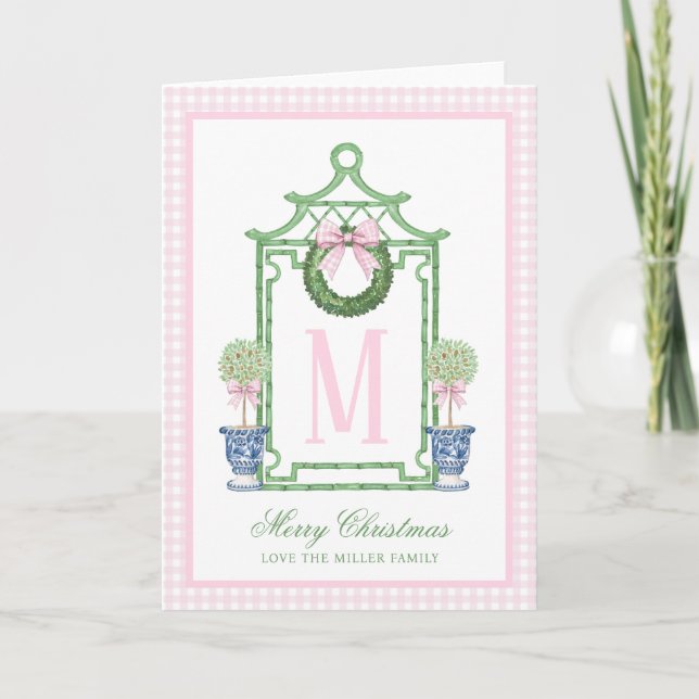 Preppy Chinoiserie Christmas Pagoda Monogram Karte (Vorderseite)