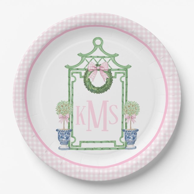 Preppy Chinoiserie Christmas Pagoda Monogram Pappteller (Vorderseite)