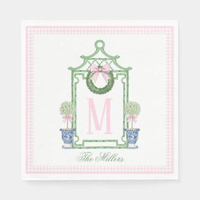 Preppy Chinoiserie Christmas Pagoda Monogram Serviette (Vorderseite)