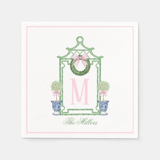 Preppy Chinoiserie Christmas Pagoda Monogram Serviette (Vorderseite)