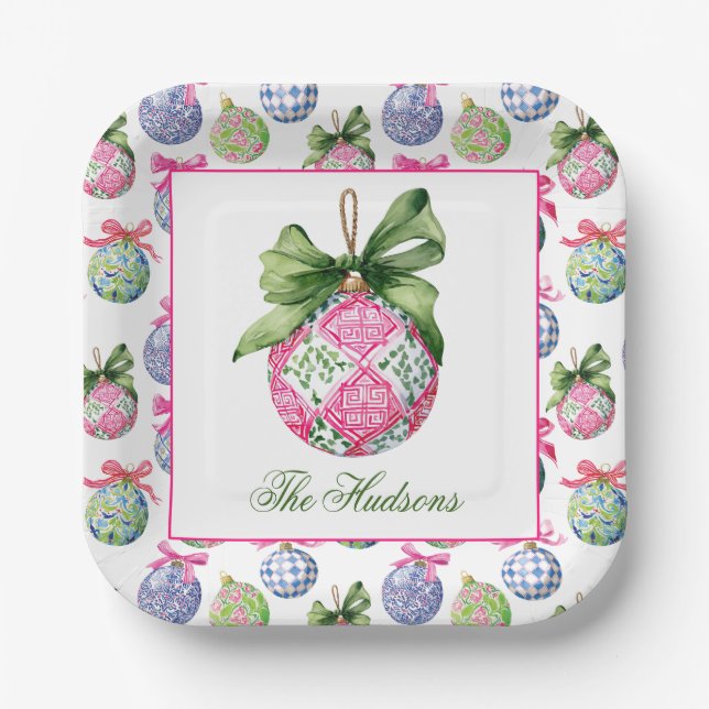 Preppy Christmas Baubles Ornamente Personalisiert Pappteller (Vorderseite)