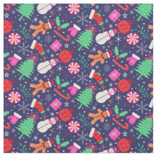 Preppy Christmas Characters mit Bogen auf dunkelbl Stoff