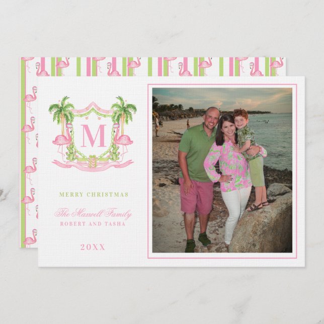 Preppy Christmas Flamingo Wappen Monogram Einladung (Vorne/Hinten)