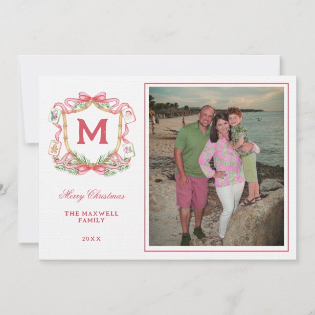 Preppy Christmas Mahjong | Monogram  Photo Card Einladung (Vorderseite)