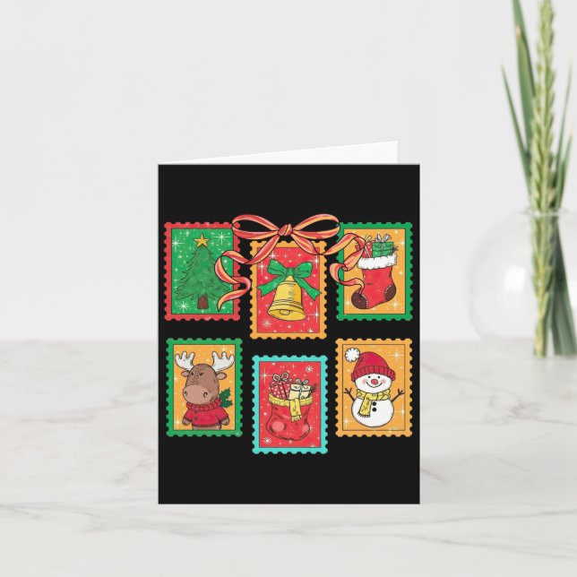 Preppy Christmas Stamps Coquette Bow Reindeer Xmas Karte (Vorderseite)