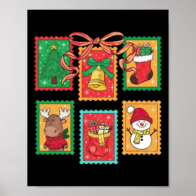 Preppy Christmas Stamps Coquette Bow Reindeer Xmas Poster (Vorne)