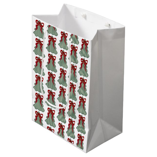 Preppy Christmas Tree Red Bow Hand Drawn Coquette Mittlere Geschenktüte (Vorderseite Schrägansicht)