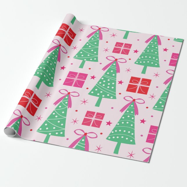 Preppy Christmas Trees mit rosa Bögen und Geschenk Geschenkpapier (Ungerollt)