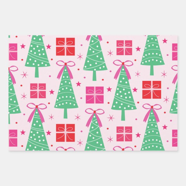Preppy Christmas Trees mit rosa Bögen und Geschenk Geschenkpapier Set (Vorderseite)