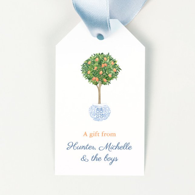 Preppy Citrus Orange Sky Blue Topiary Tree Hostess Geschenkanhänger (Chinoiserie orange tree hostess gift tags
)