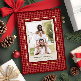 Preppy Classic Red Hahnentrittmuster Weihnachts-Fo Folien Feiertagskarte