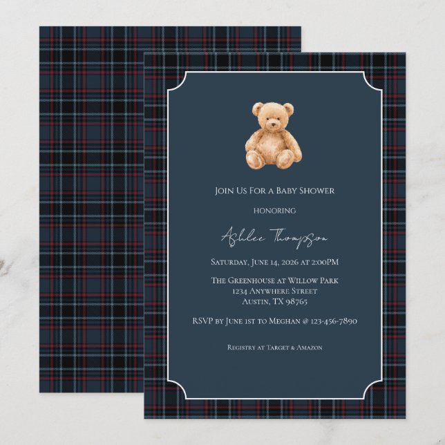 Preppy Classic Teddy Bear Baby Shower Einladung (Vorne/Hinten)