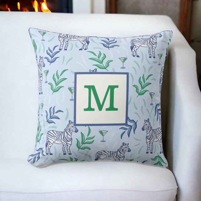 Preppy Classic Zebras und Martinis Blue Monogram Kissen (Von Creator hochgeladen)