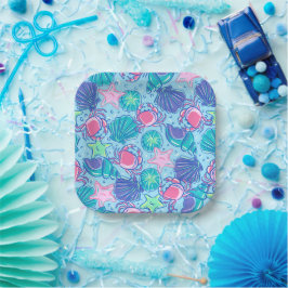 Preppy Coastal Beach Muschel Crab Pappteller