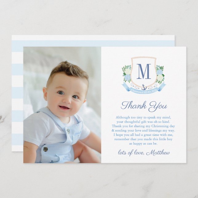Preppy Coastal Monogram Baby Boy Christening Foto Dankeskarte (Vorne/Hinten)