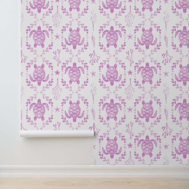 Preppy Coastal Sea Turtles and Coral in Light Pink Tapete (Anwendung)