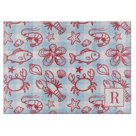 Preppy Coastal Seafood Gingham Kitchen Decor Schneidebrett