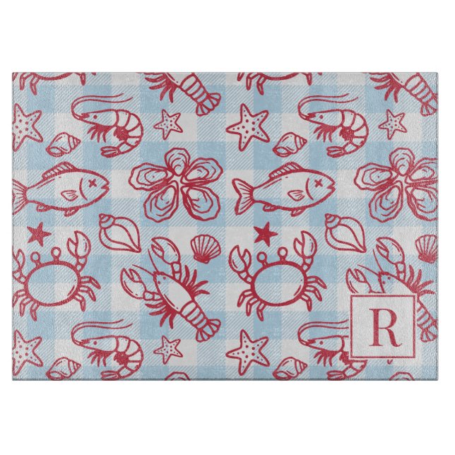 Preppy Coastal Seafood Gingham Kitchen Decor Schneidebrett (Vorderseite)