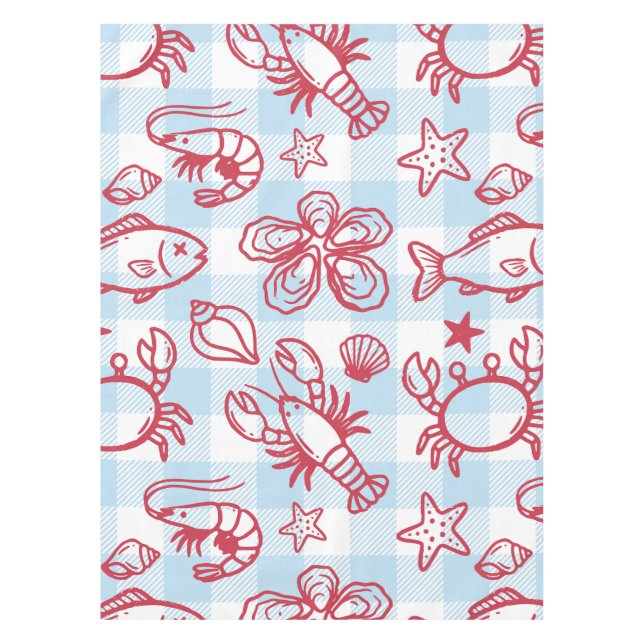 Preppy Coastal Seafood Gingham Kitchen Decor Tischdecke (Vorderseite)